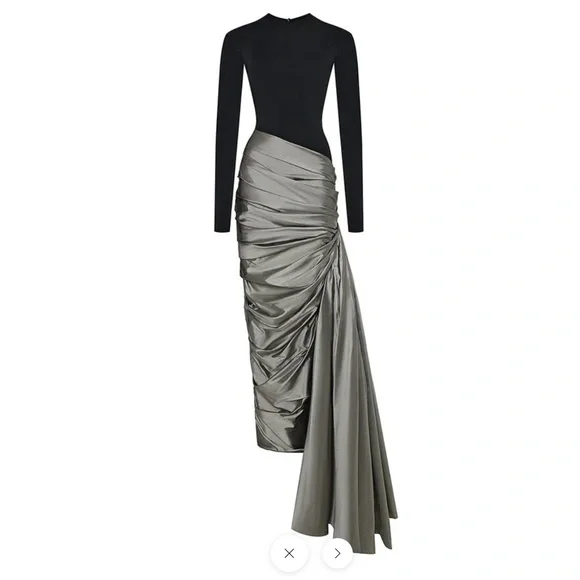 RASARIO: Designer Black and Silver draped silk-blend maxi gown - Picture 7 of 8